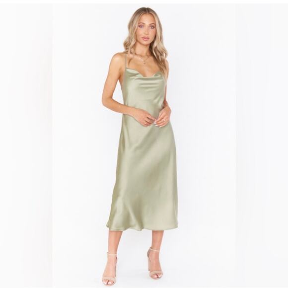NWT Show me Your Mumu Verona Cowl Dress Miss Green Luxe Satin Large Midi Wedding - Picture 1 of 11